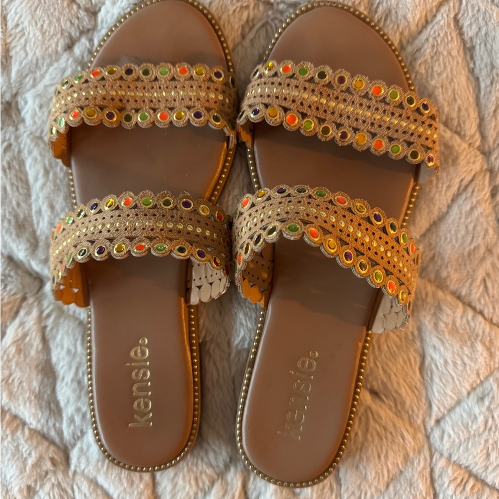 Kensie Women's Tan Sandals with Colorful Accents